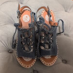 SO Denim Gladiator Sandals in Navy Blue with Tan Trim
